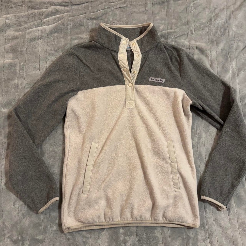 Columbia Womens Gray Cream Quarter Snap Fleece Sweatshirt Small Outdoor Hiking